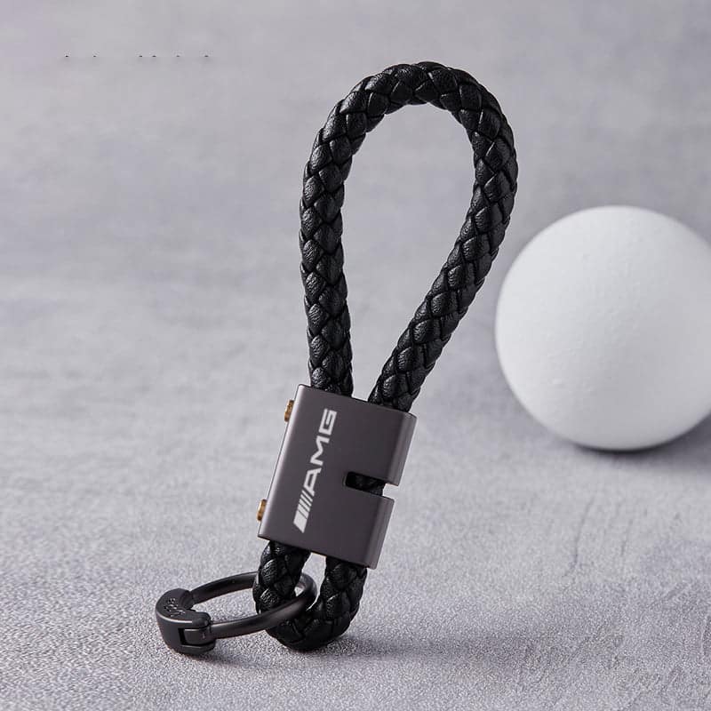 AMG Black Braided Leather Stainless Steel Keychain